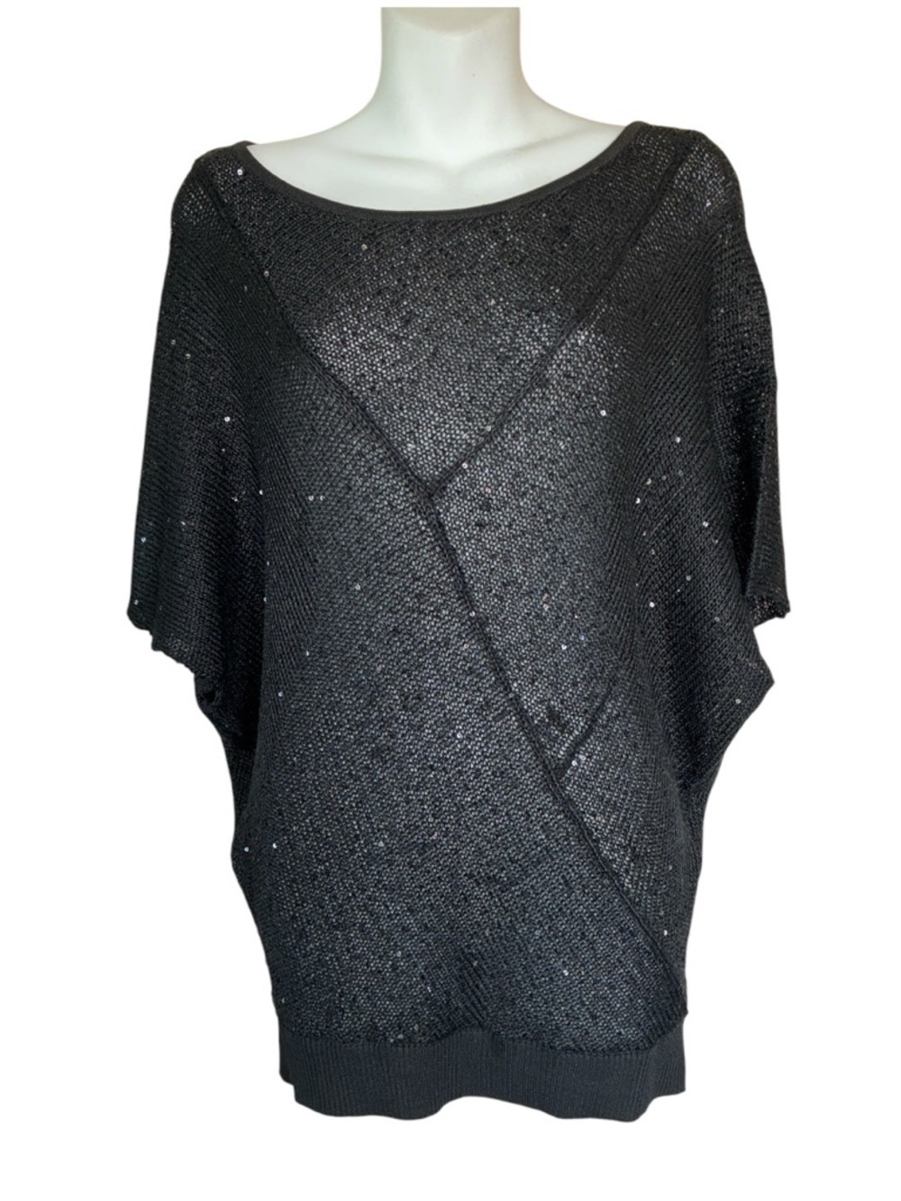 MATTY M sheer sweater, women M black, sequins, geometric sections, short sleeves
